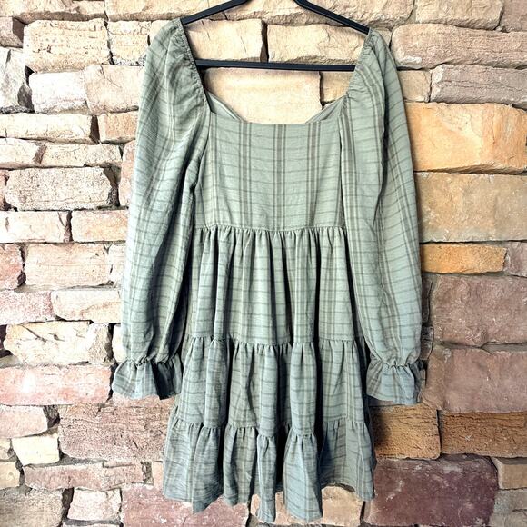 NEW Altar'd State M Peasant Boho Sage Green Tiered Puff Sleeve Womens Mini Dress - Picture 2 of 11